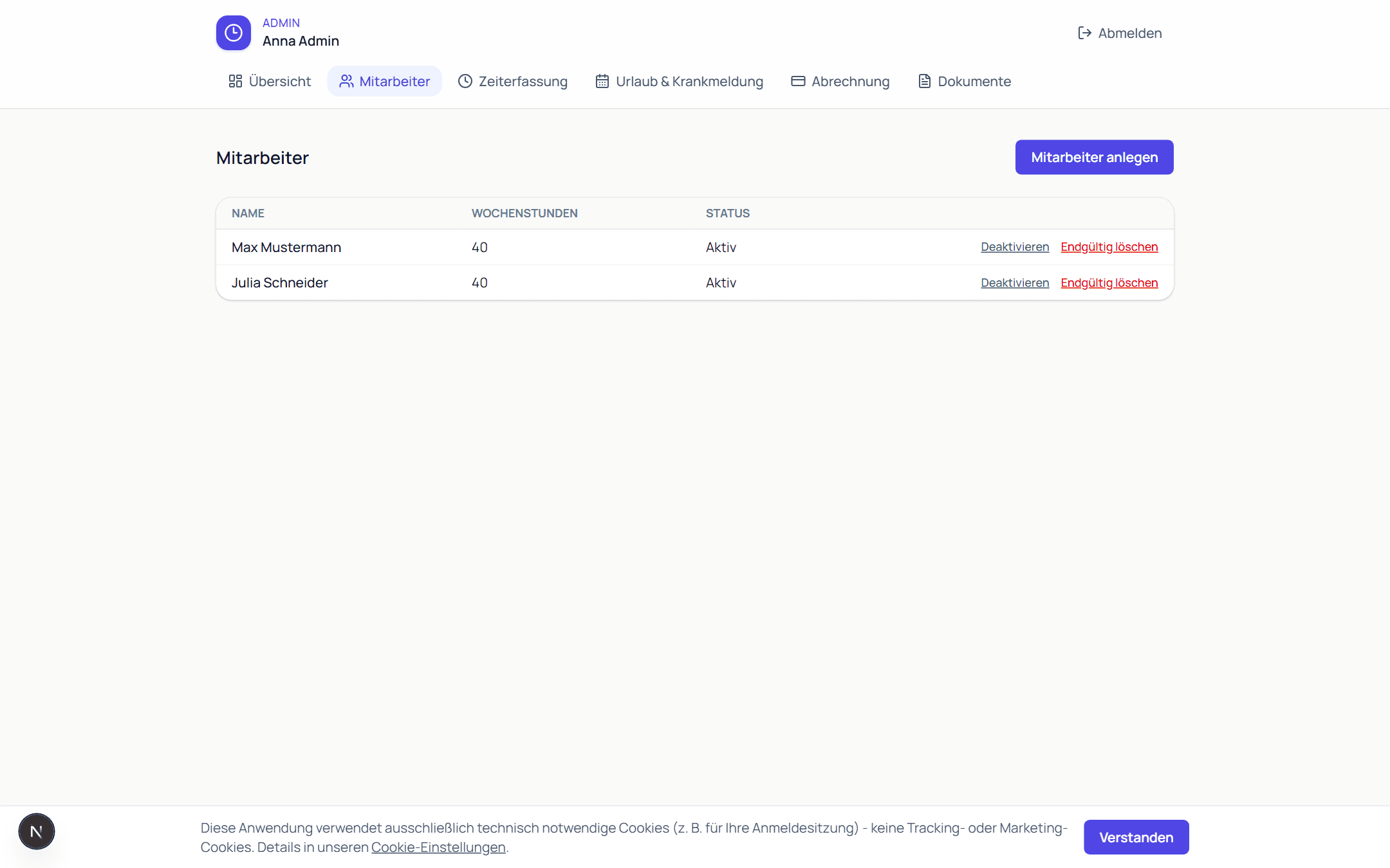 Mitarbeiterliste eines Admins mit Wochenstunden, Status und Verwaltungsoptionen