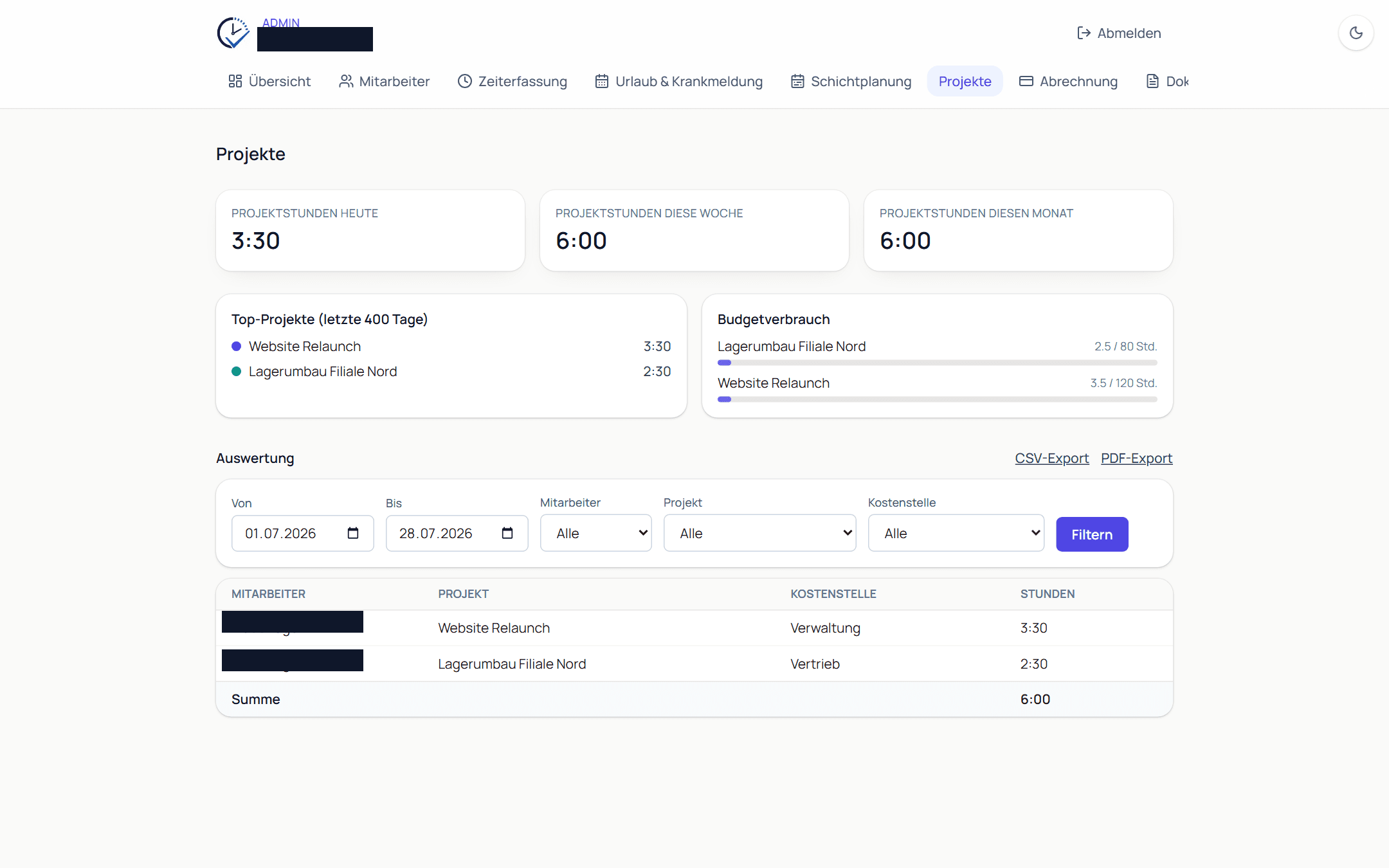 Projekt-Dashboard mit Projektstunden, Budgetverbrauch, Top-Projekten und filterbarer Auswertung