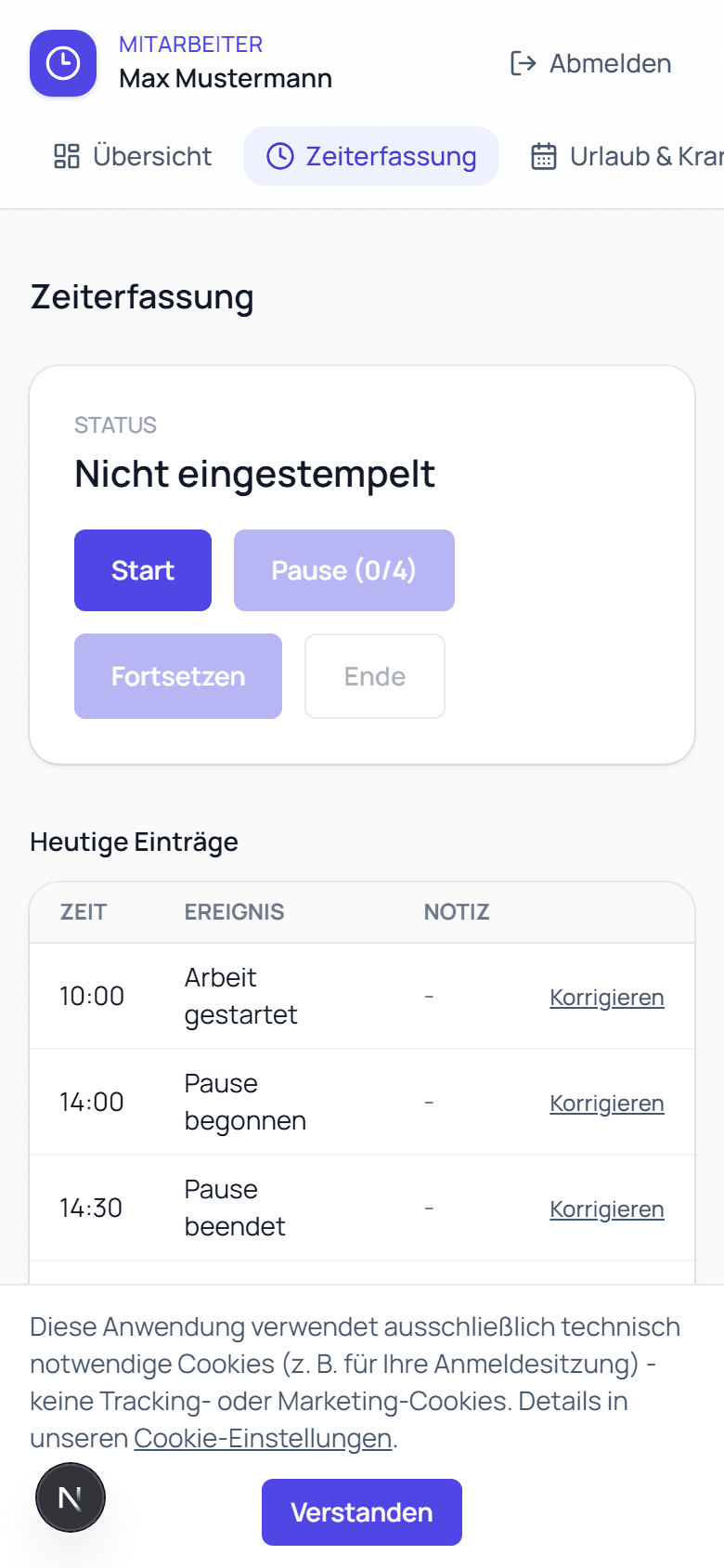 Mobile Ansicht der Zeiterfassung im Browser auf dem Smartphone